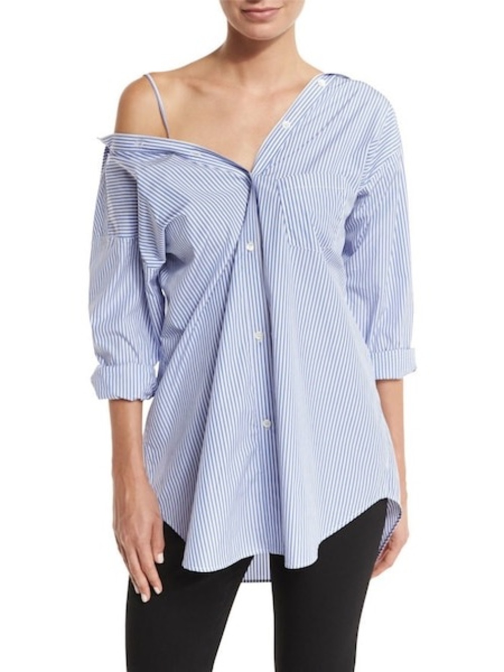 Theory Blue and White Striped Off-Shoulder Button-Down Shirt Top Petite NEW